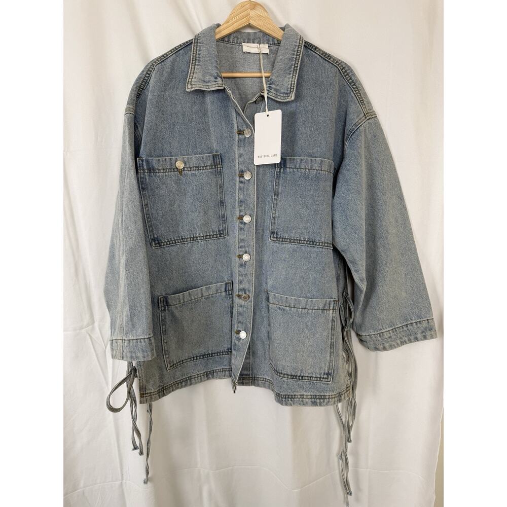 NWT Wisteria Lane Denim Utility Jacket Size M 100% Cotton Side Tie Oversized